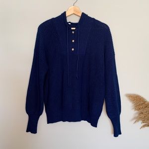 Long Sleeve Henley Hoodie Button Drawstring Casual Knitted Pullover Sweater